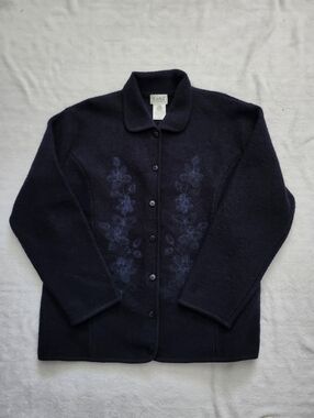 VINTAGE TABI Women's Size Large Wool Cardigan Jacket Navy Artistic Embroidery